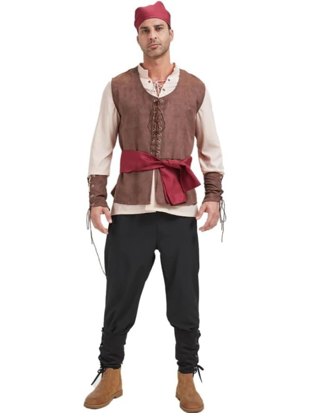 5 Pcs Men's Pirate Costume Renaissance Medieval Viking Outfit w/ Accessories XXL